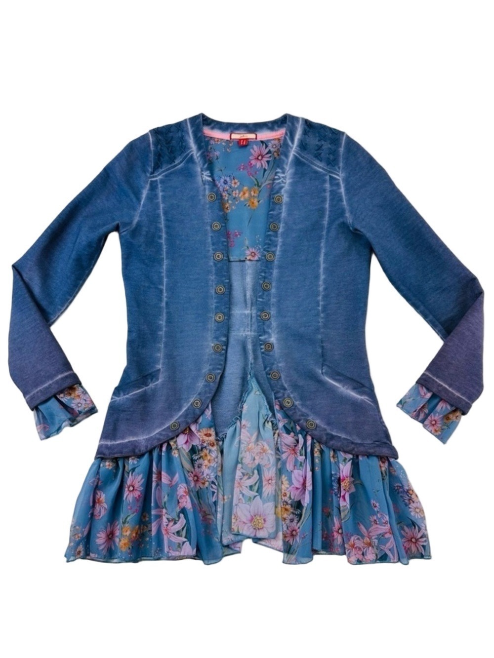 Joe Brown blue jersey cardigan blazer ruffle floral peplum hem Size 4 Romantic
